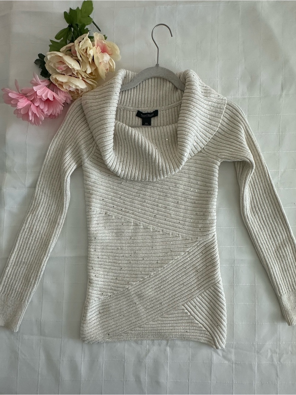 White House Black Market Brand New Embellished Cream Ribbed Cowl Neck Sweater!